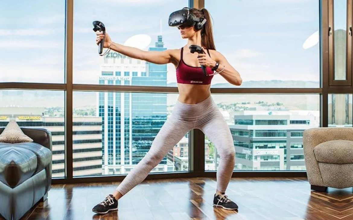 A woman playing on a VR headset